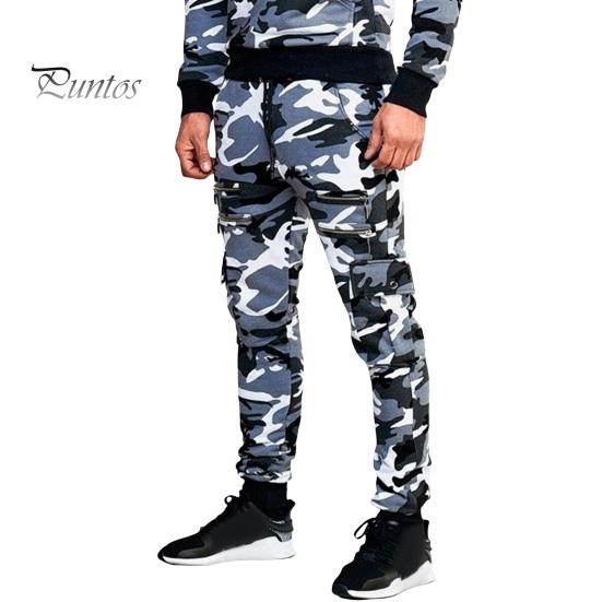 Men Cargo Pants Drawstring Elastic Waist Camouflage Print Multi Zippered Pockets Ankle-banded Slim Fit Casual Daily Wear Long Outdoor Trouser