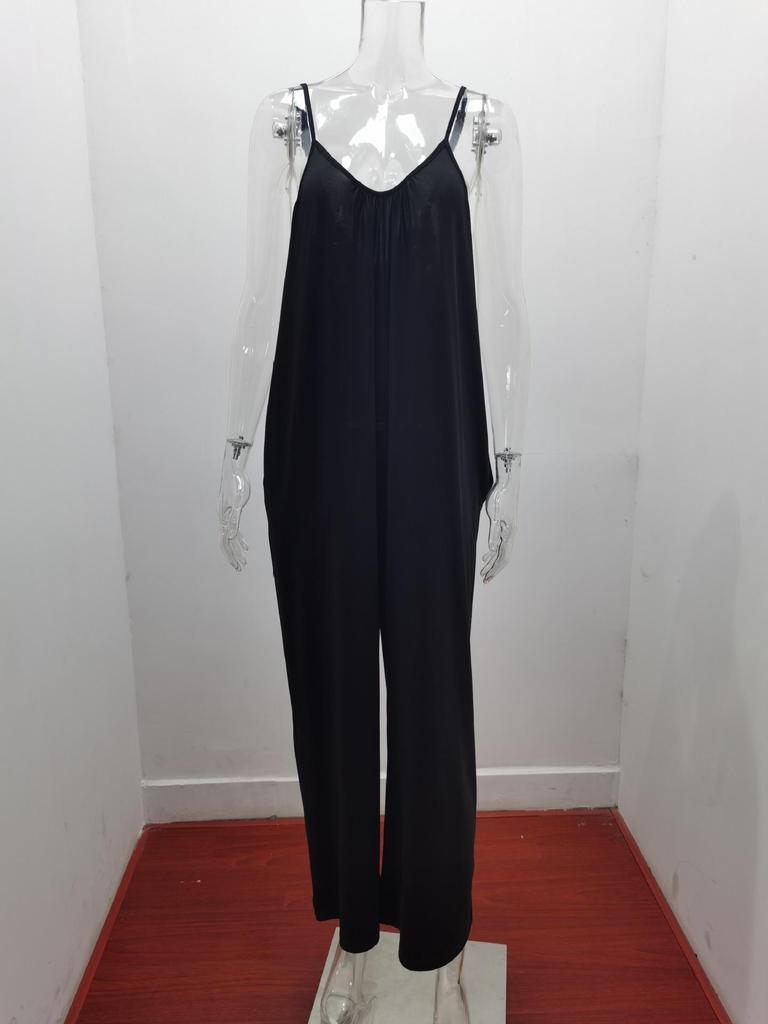 2026 Sommer Damen einfarbiger Jumpsuit mit aufgesetzten Taschen und Trägern - Lockere lässige Passform lange Hosen