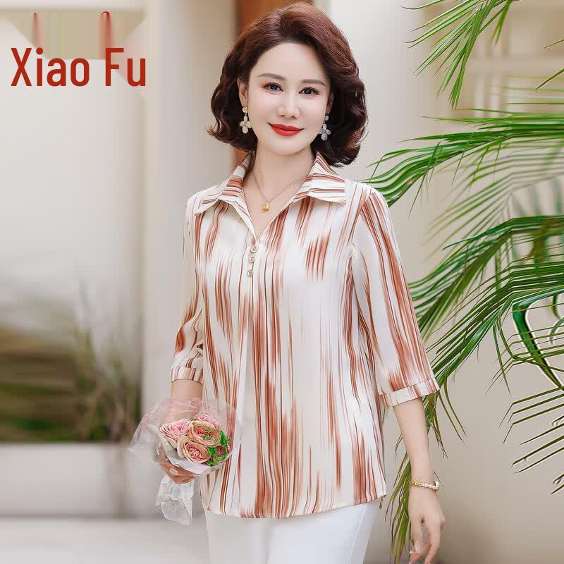 Xiaofu Mid-Aged Women s Striped Seven-Sleeve Blouse 3XL