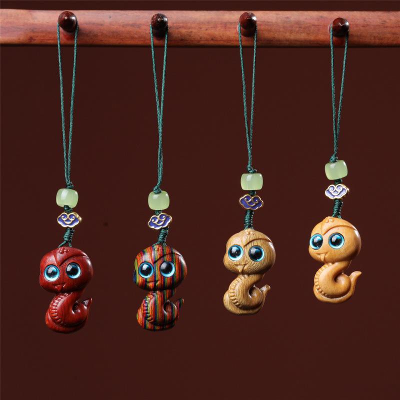 Red Sandalwood Snake Pendant with Green Sandalwood Zodiac Animal Design - Handcrafted Accessories