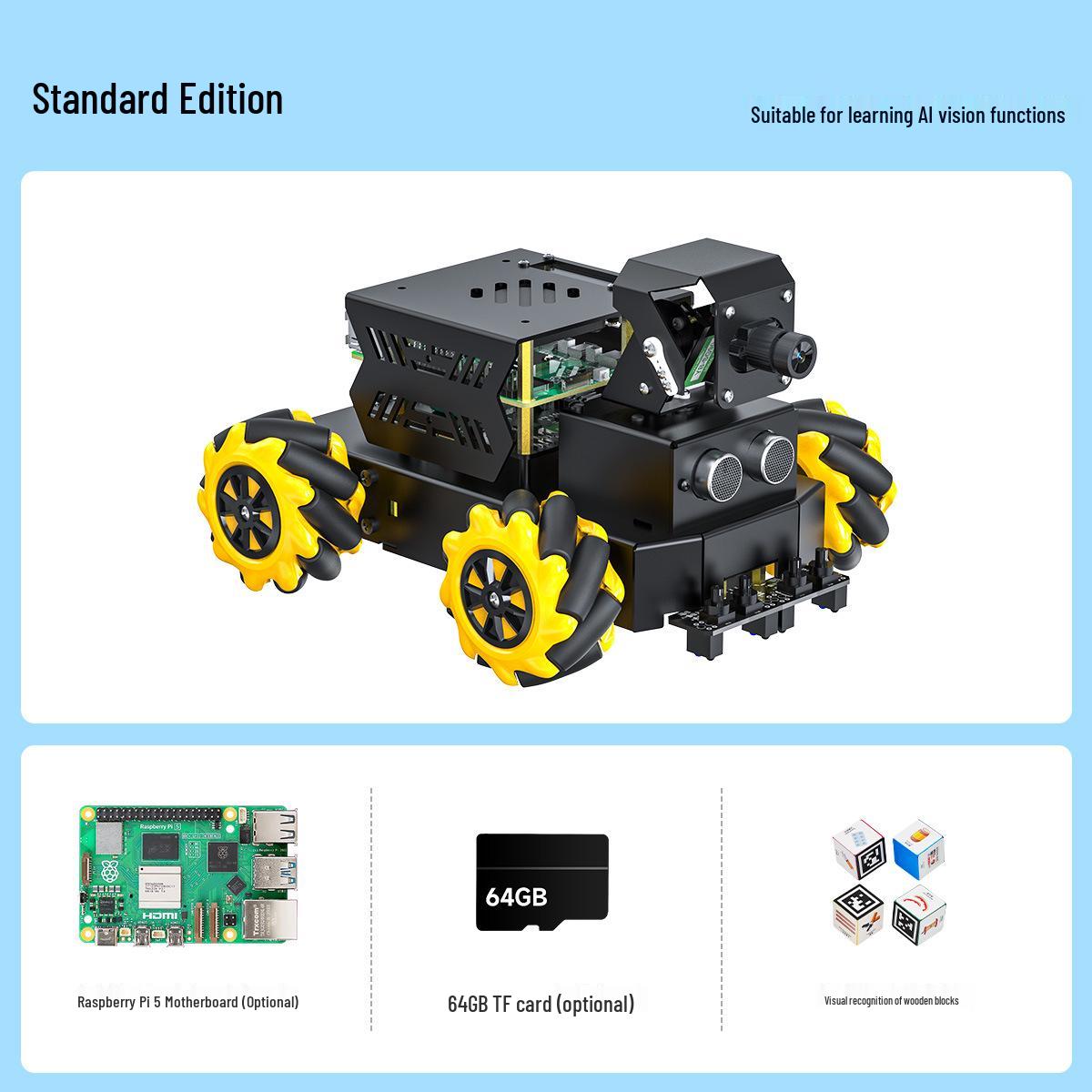 Raspberry Pi 5 AI Vision Autonomous Car Robot with Voice Recognition and ROS2 Integration Standard without Pi 5 or TF
