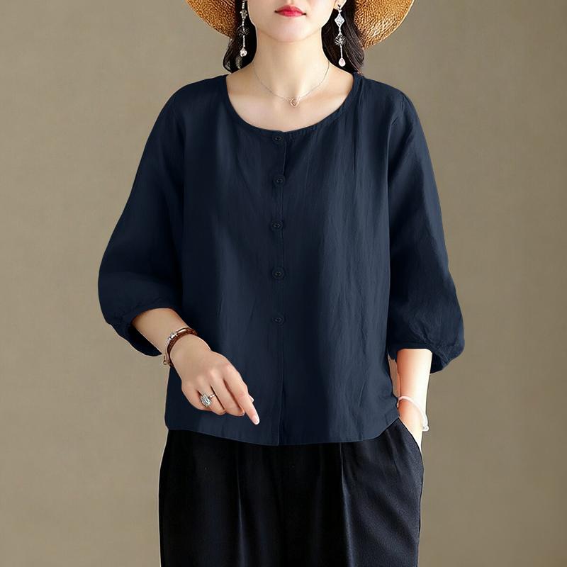 ZANZEA Women Casual Round Neck Solid Color Loose 3/4 Sleeve Blouse