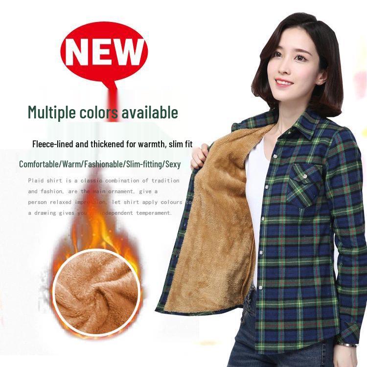Women's 2025 Winter Slim Fit Cotton Plaid Shirt - Long Sleeve, Fleece Lined, Thick, Versatile, Plus Size