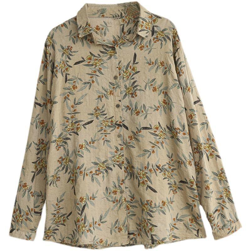 Retro Fashion Classic Korean Straight Loose Thin Printing Turn-down Collar Button Autumn Winter Women's Blouses