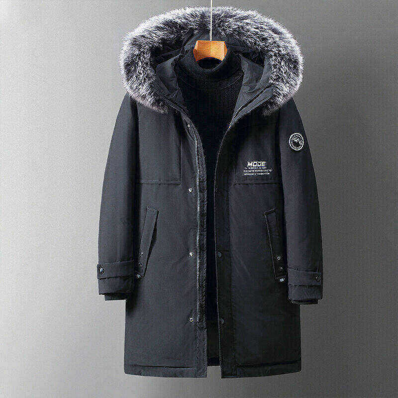 

Зимняя куртка-пуховик средней и длинной длины с капюшоном и большим меховым воротником, мужская, плотная белая утка L чёрный