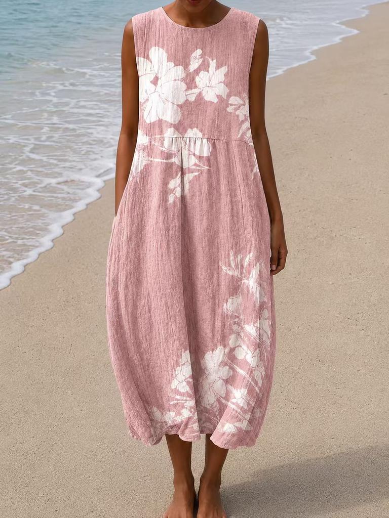 Sleeveless dress 26 new shrink pleated large version loose casual round neck digital printing - bamboo hemp