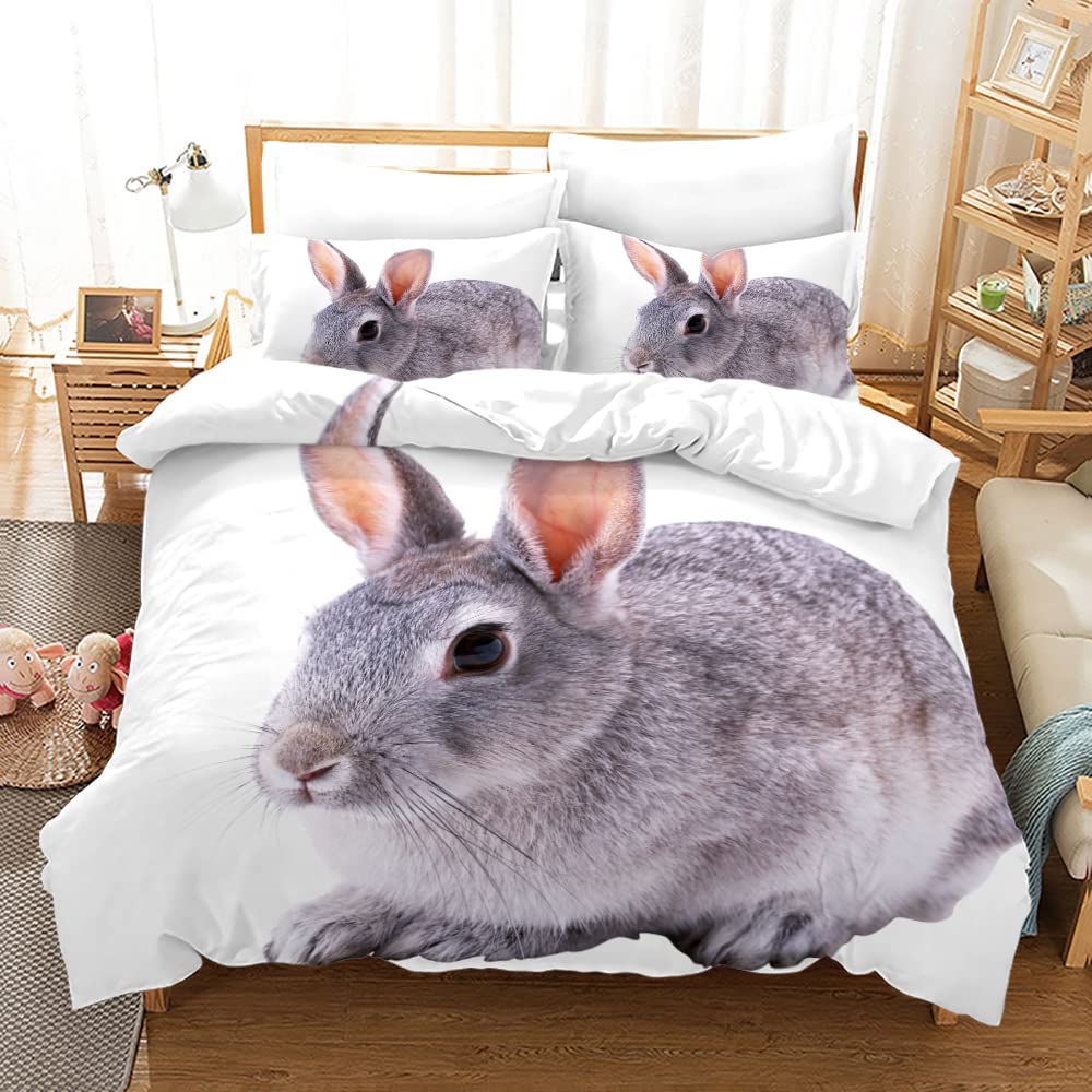 Rabbit Duvet Cover Set Polyester Comforter Cover Twin Size,Pink Floral For Girls Women Cute Bunny Bedding Set With Pillowcase