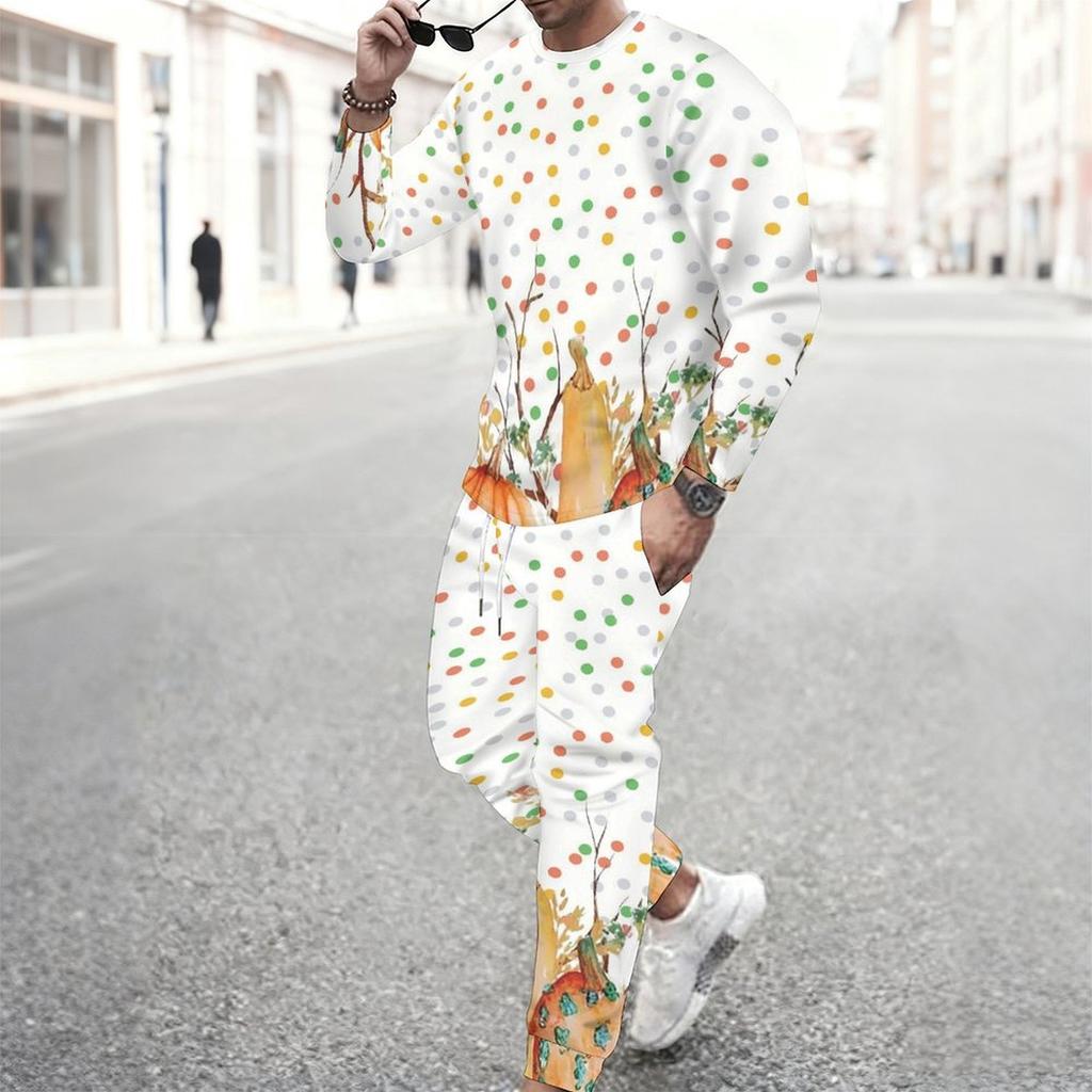 Men Orange Color Block Leopard Pumpkin Sunflower Print Long Sleeve Sweatshirt Jogger Pants Two Piece Suit