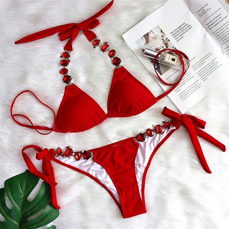 Women S Sexy Solid Color Bikini Set With Metal Chain Accessories Swimwear