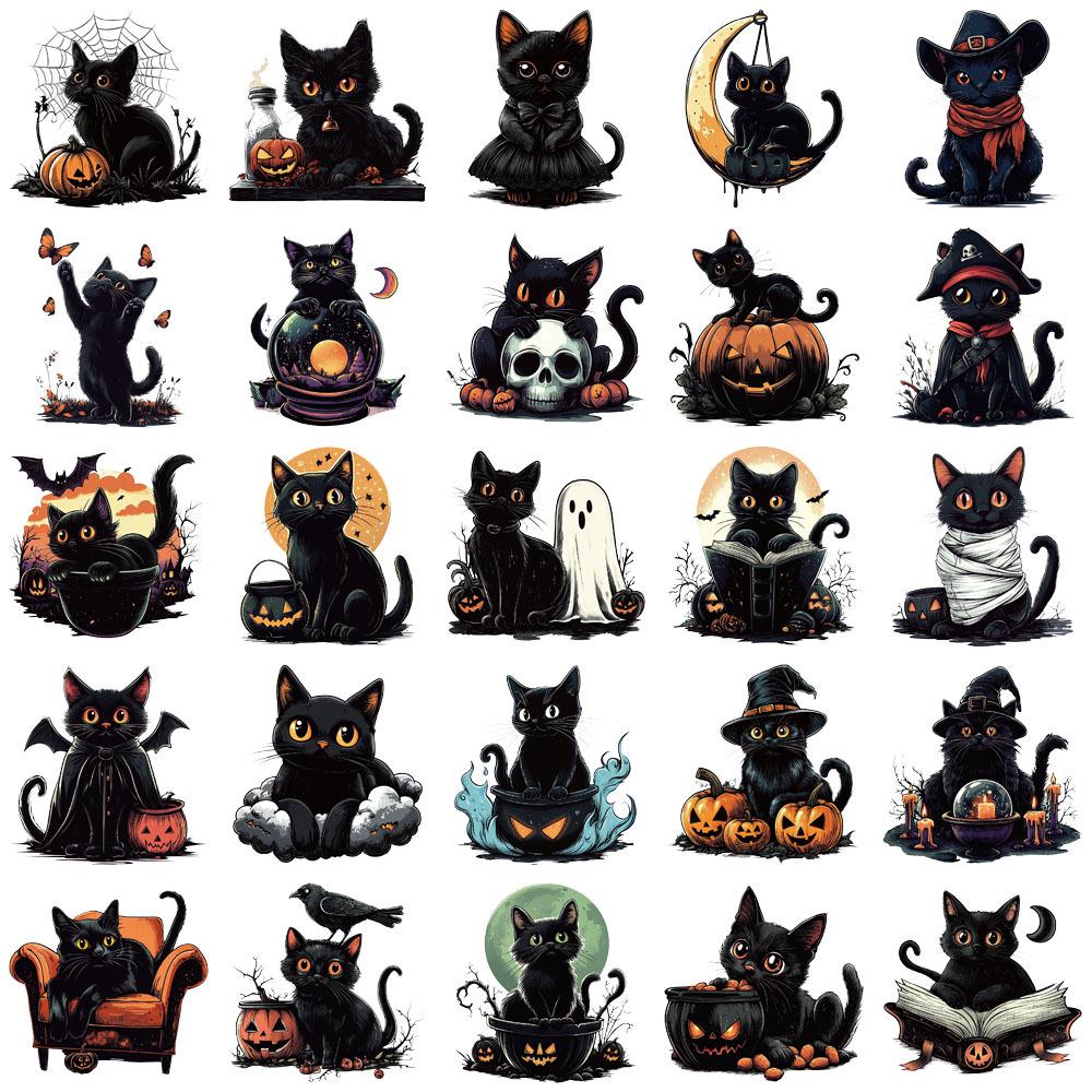 50 Creative Halloween Black Cat Transparent PET Stickers for Thermos Cups, Phone Cases, and Computers