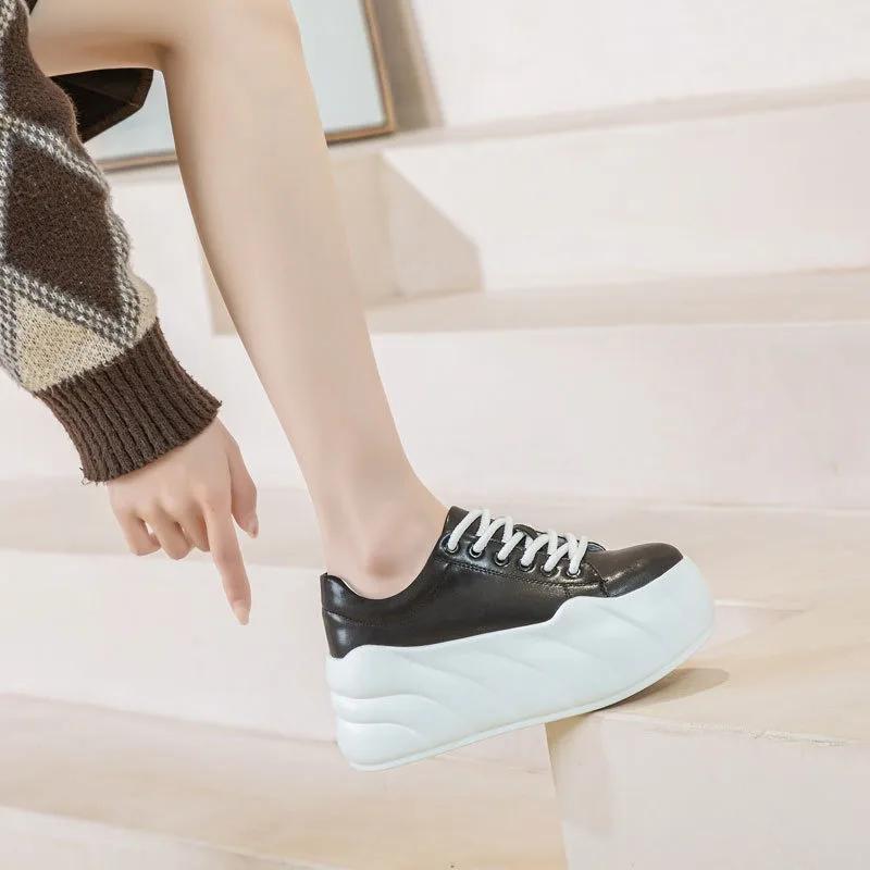Fashion 8cm Spring Genuine Leather Platform Wedge Chunky Sneakers Platform Women Shoes Zapatos De Mujer Autumn Vulcanize Shoes Fashion