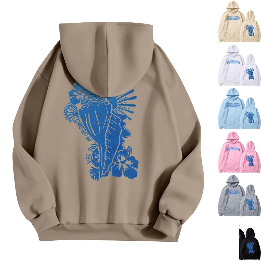 Damemote Lett langermet genser for kvinner med lommer Preppy grafisk hettegenser