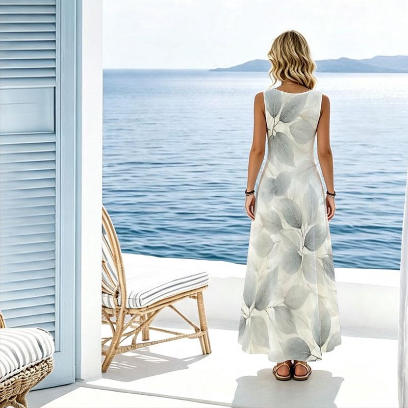 Women’s Flowy Floor-Length Maxi Dress Sleeveless Leaf Pattern,Lightweight,Full Skirt for Beach Vacation Daily Casual