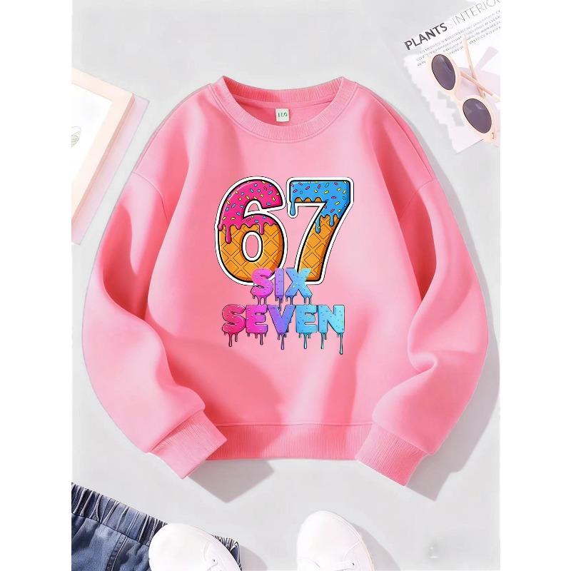 Kids Unisex Crewneck Sweatshirt, Ice Cream Waffle Cone Number 67 Print Pullover, Boys Girls Long Sleeve Birthday Sweatshirt For Kids Over 4 Years Old