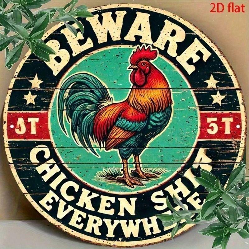 Vintage Beware of Chicken Round Metal Sign Farmhouse Wall Decor