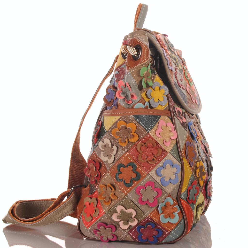 Damski skórzany plecak – Patchworkowy kwiatowy design ze sznurkiem