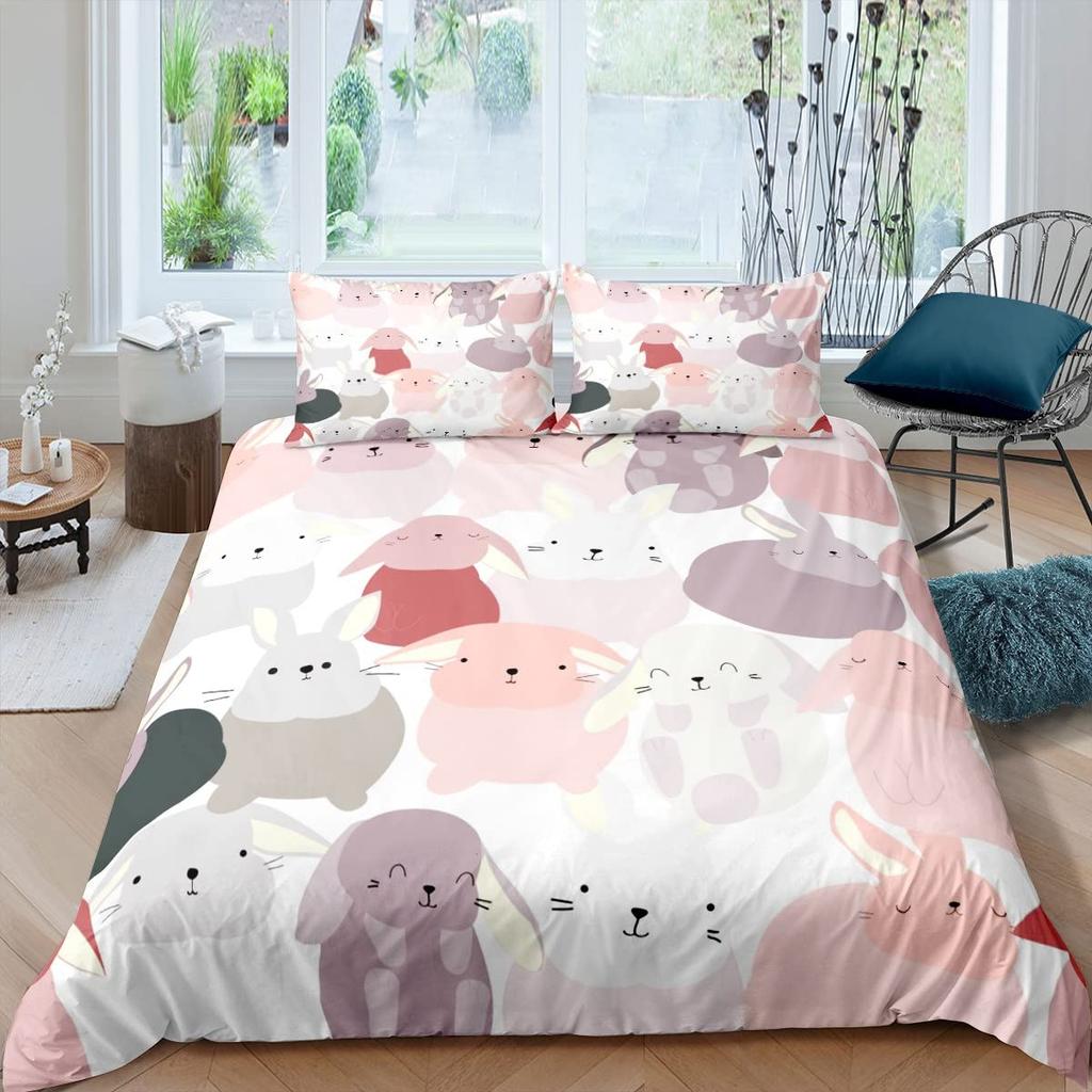 Kids Cartoon Rabbit Carrot King Queen Duvet Cover Boys Girls Cute Bunny Bedding Set Animal Quilt Cover Polyester Comforter Cover