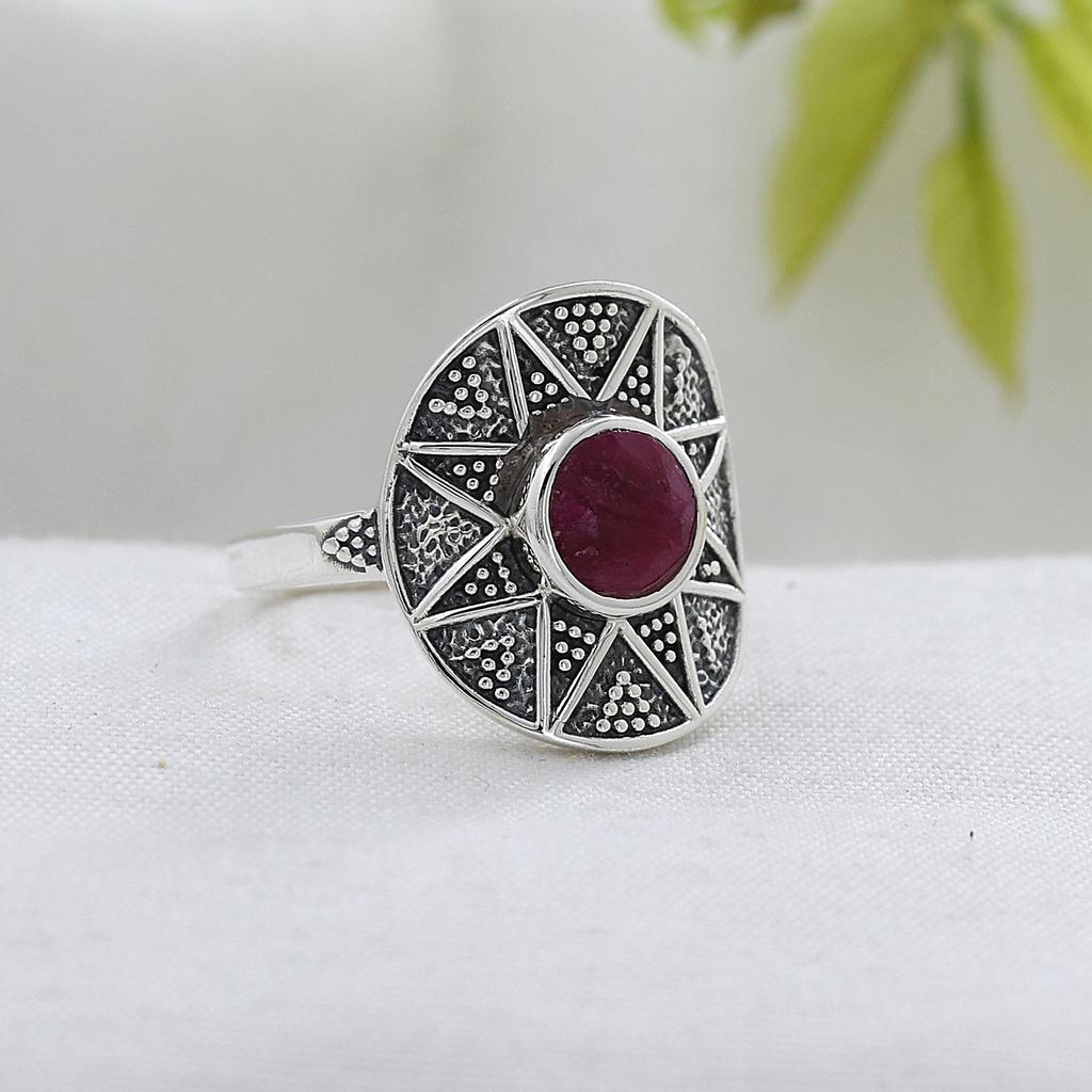 Lab Created Ruby Silver Ring, 925 Sterling Silver Handmade Jewelry, Silver Ring, Unisex Jewelry Ar8938