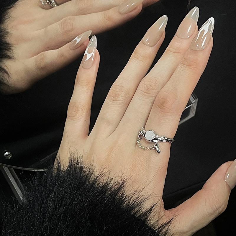 Two-Piece Set, High-End Moonstone Ring, Women'S Open Ring, Niche Design, Plain Ring, Index Finger Ring, French Self-Discipline Ring.