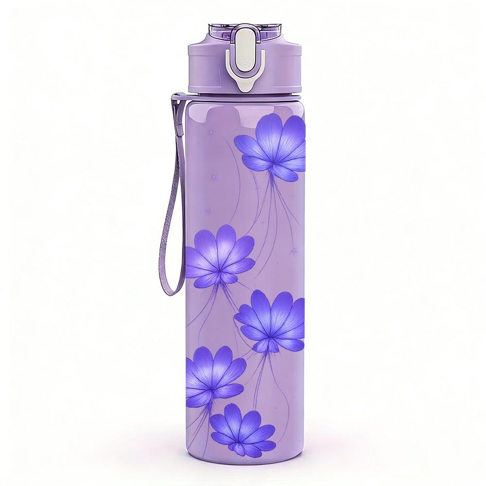 1PC Light Purple Bell Flower Branch Print 750ml Color Plastic Sports Water Bottle Leakproof Flip Straw Lid Suitable for Sports Office Home Use
