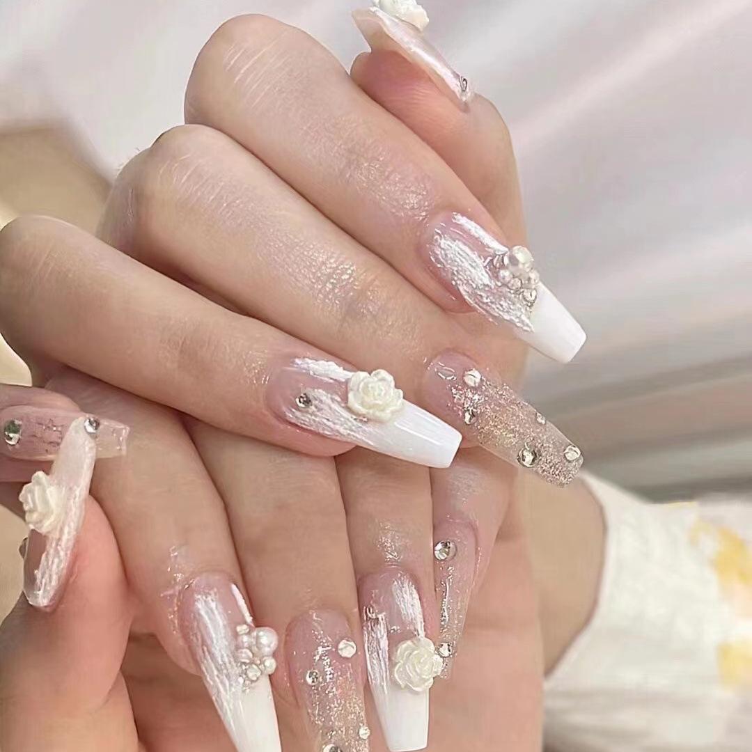 

Handmade 3D White Camellia Rose Nail Art with Rhinestones for DIY. Medium M