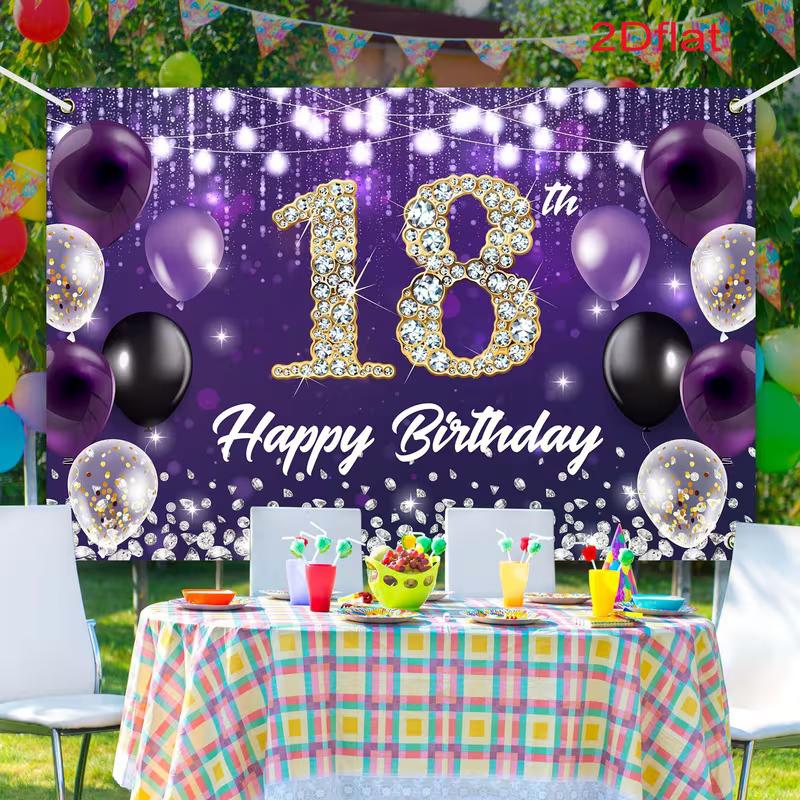 2D Happy 18th Birthday Backdrop, Purple Balloon, Diamond & String Light Party Background Cloth