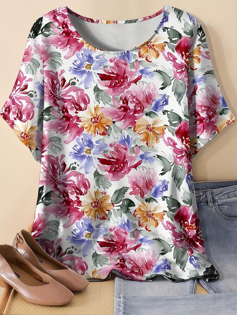 Women's T-Shirt Floral Graphic Tee Oil Painting Style Fashion Casual Short Sleeved O-Neck Tops Prints Summer Y2k Woman Clothes