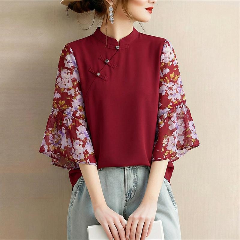 ZANZEA Damen Freizeit Stehkragen Print Patchwork 3/4 Ärmel Elegante Bluse