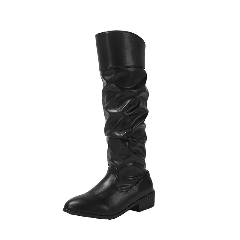 Vintage Thick Heel Women Pleated Knee High Boots Fashion Slip On Shoes Autumn Winter Ladies Long Booties