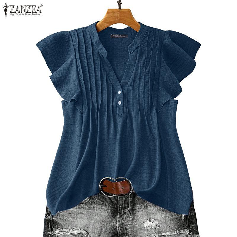 ZANZEA Women Casual V-Neck Ruffles Short Sleeve Blouse
