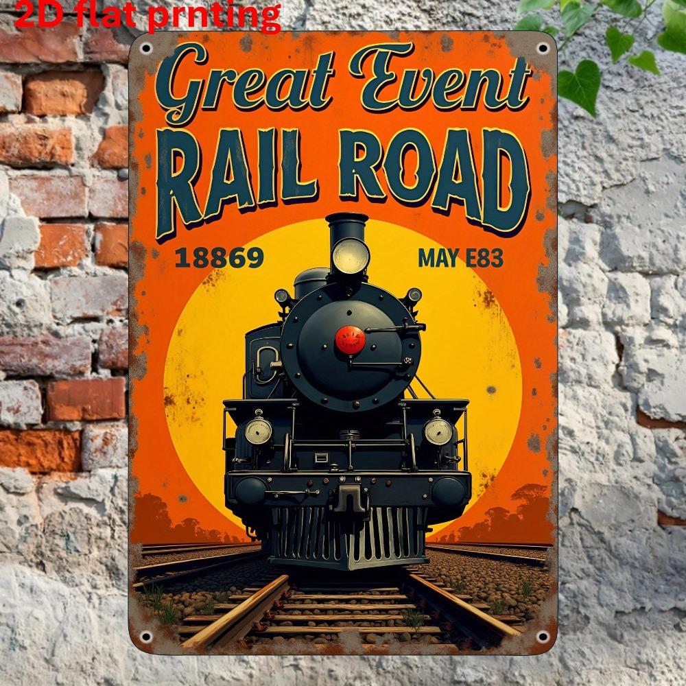 2D Flat Vintage Railroad Metal Sign - Retro Train Sunset Aluminum Wall Art, Home Bar Garage Outdoor Decor for Enthusiasts