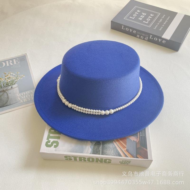 Pearl Chain Flat Top Top Hat Women's Autumn and Winter Warm Woolen Felt Hat Celebrity Retro British Small Fragrant Shopping Fashion Hat