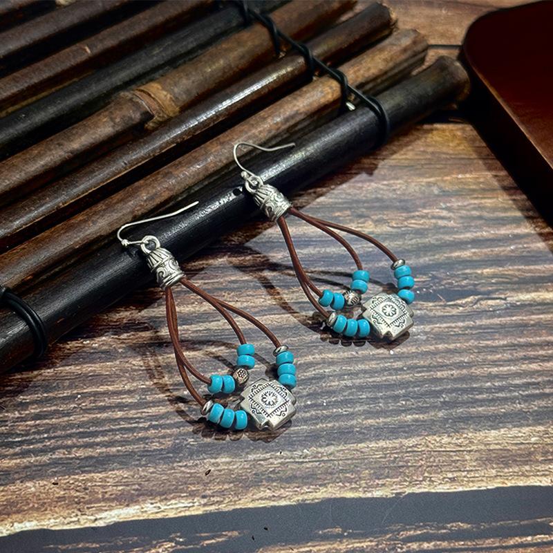 

Retro ethnic style antique silver flower turquoise picasso bead leather rope pendant earrings earrings women
