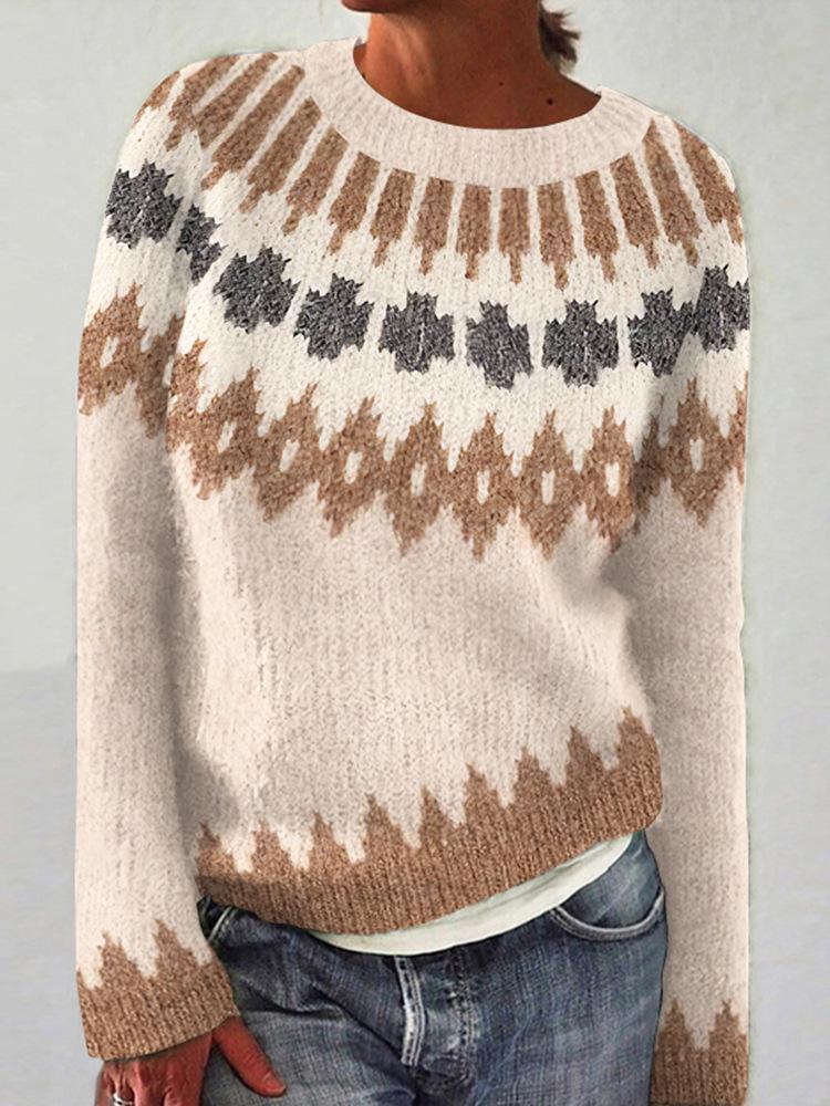 Women's Color Block Round Neck Loose Knit Pullover Sweater