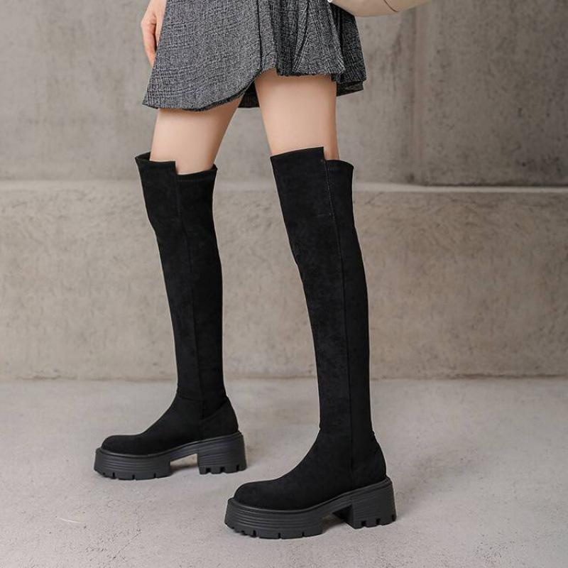 Herbst- und Winter-Wildleder-Stretch-Kniestiefel, neue hochhackige, dicksohlige, rutschfeste Damenstiefel mit runder Spitze, koreanische Version in großen Größen Marti