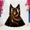Women Plus Size V Neck Long Sleeve Black Golden Swirl Print Furry Trim Midi Dress