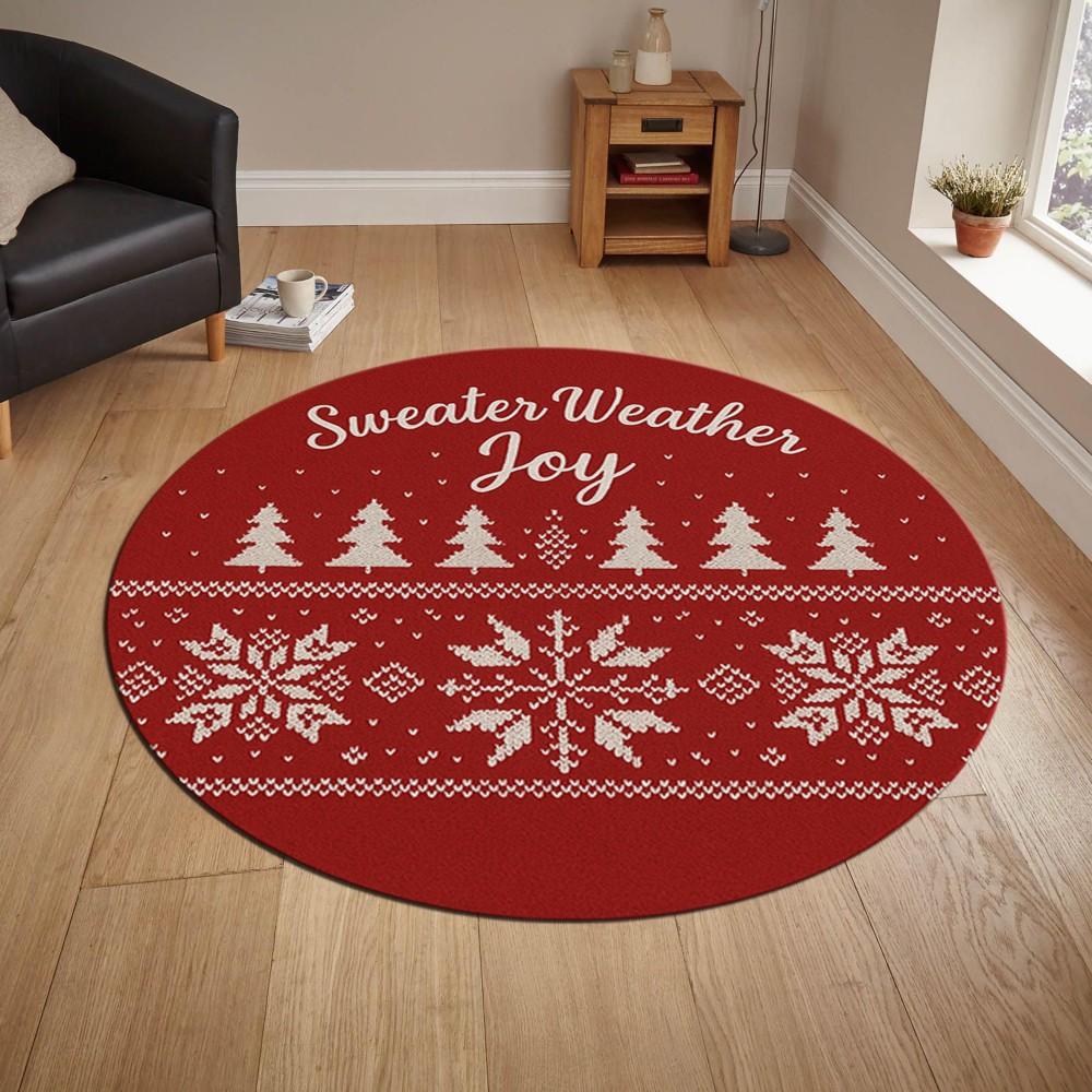 Christmas Reindeer Round Rug Red Snowflake Nordic Festive Pattern Floor Area Carpet for Home Living Room Bedroom Decor