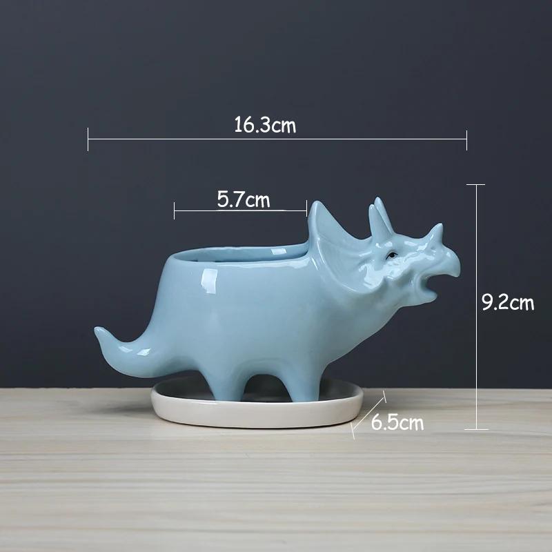 Ceramic Triceratops Planter with Tray, Creative Dinosaur Statue Garden Pot for Succulents Flower Pots Home Office Desktop Decor