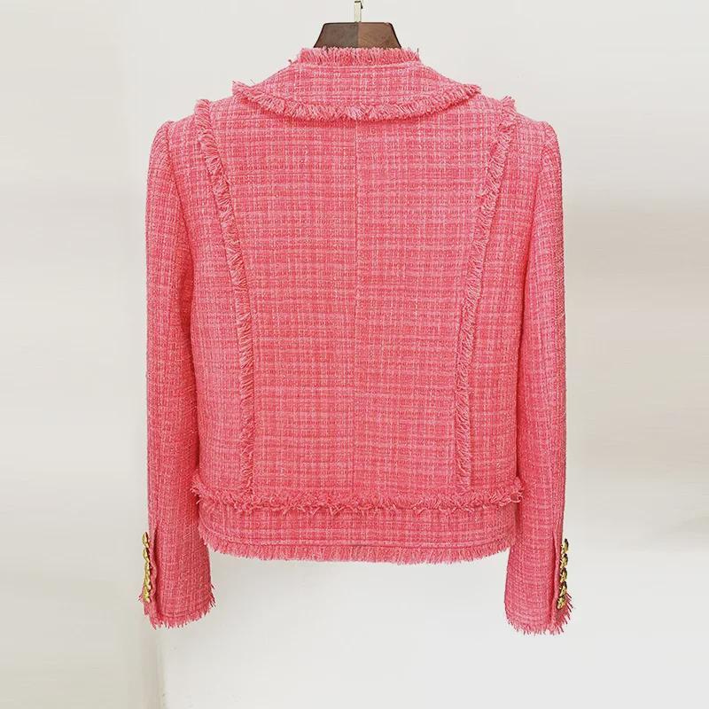 2025 Autumn/Winter European & American Fashion Pink Tweed Wool Jacket with Beaded Badge