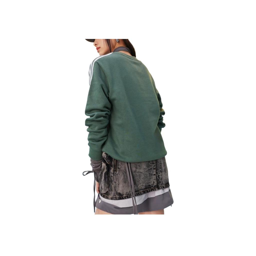 Adidas FW24 Striped Casual Fleece Thick Round Neck Long Sleeve Sweatshirt Women sweatshirt Oxidized-Green White HM1930