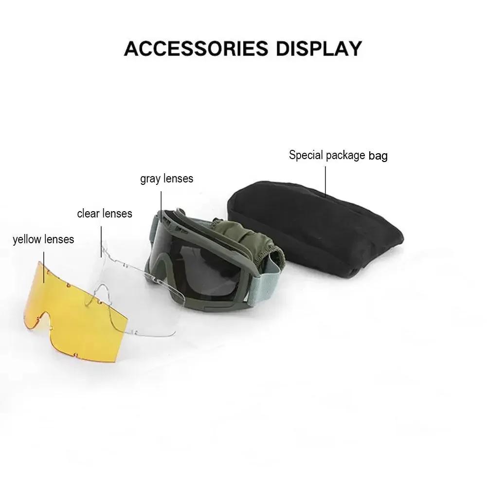 Tactical Safety Goggles 3 Lens Wind Shield Anti-Dust Shooting Motocross Motorcycle Mountaineering Eyeglasses Safe CS Game Eyeglasses
