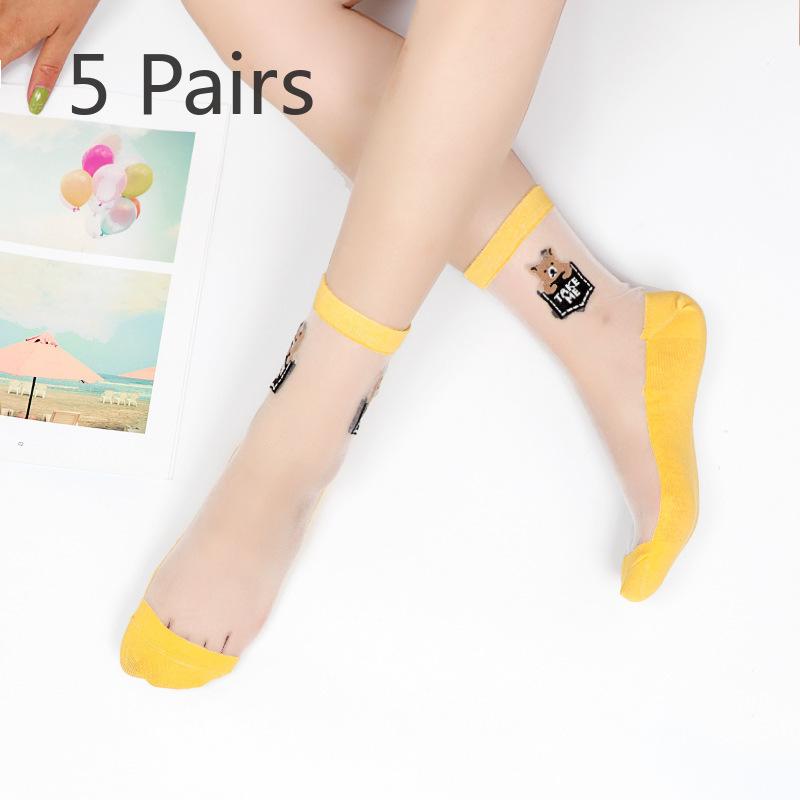 5 Pairs of Women's Summer Thin Cotton Bottom Non Slip Durable Crystal Silk Transparent Mid Tube Socks