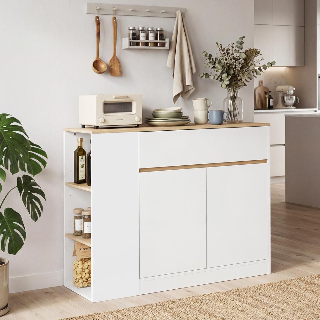 Sideboard, Large Cabinet Compartment, 3 Storage Compartments, Drawer, 106 x 30 x 81.2cm, White/Wood