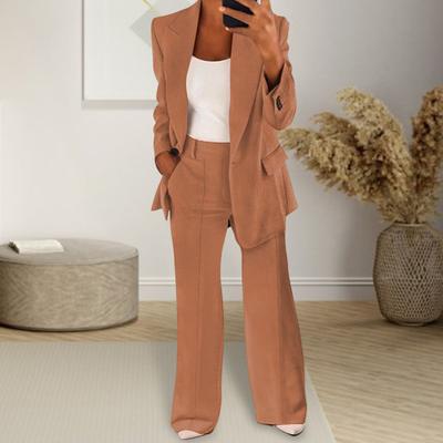 2 Pcs/Set Lady Formal Coat Pants Set Long Sleeves Slim Fit Lapel Cardigan Mid Length Jacket High Waist Wide Leg Trousers Formal Business Commuting