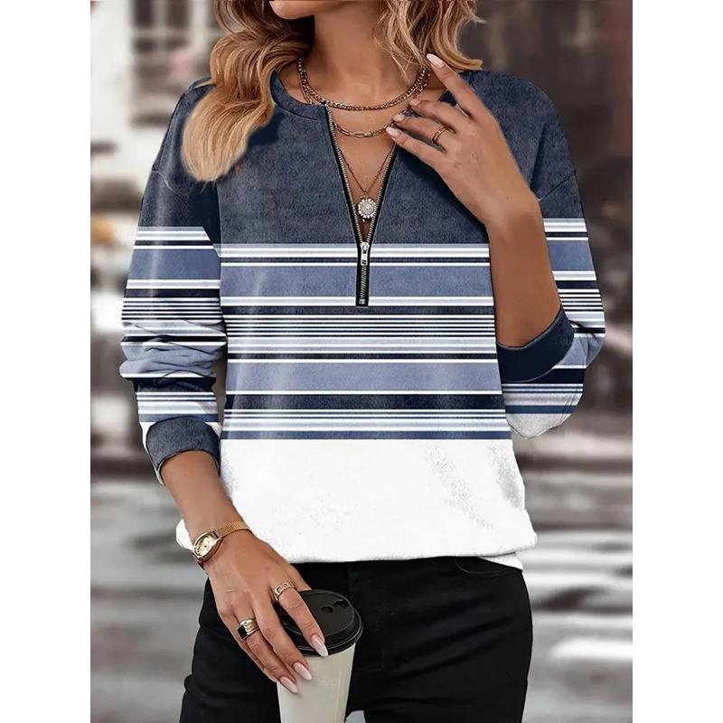 Women's Casual Striped Knit Sweatshirt with Zipper Detail, 100% Polyester Crew Neck Pullover for Spring, Summer, and Fall