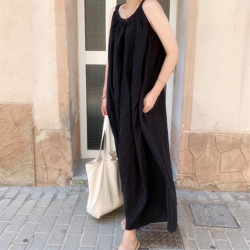 Loose Casual Black Sleeveless Large Size Dress Korean Version Over Knee Long Dress Zixia Holiday Cotton and Linen Suspender