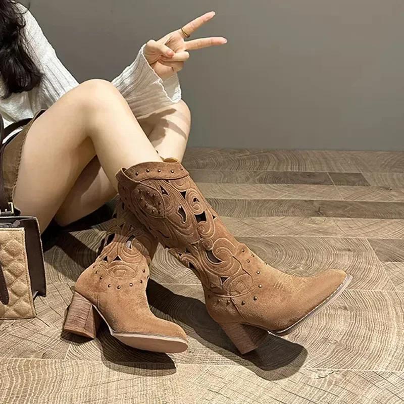 Fashion Hollow Embroidered Retro Western Boots Women Pu Leather Knight Booties New 2025 Autumn Chunky Heels Knee High Woman Cowboy Boots