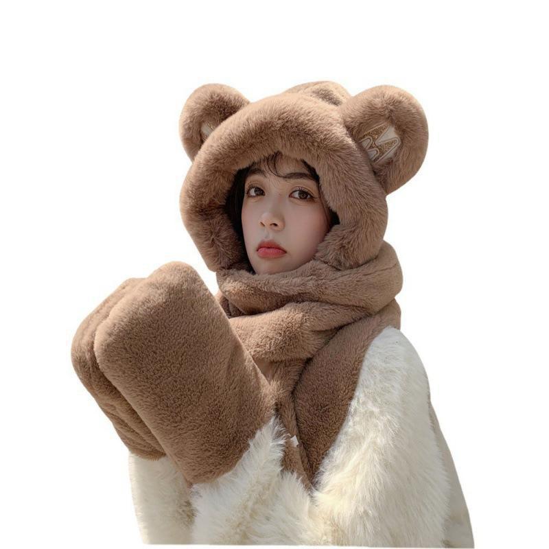 Bear hat, scarf, and gloves, fleece-lined and thickened, three-piece set, women's plush hat, women's winter warm plush hat
