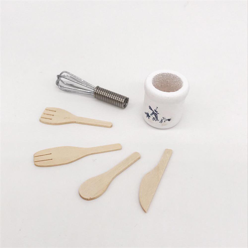 Wooden Kitchen Fork Metal Whisk Jar Set Dollhouse Miniatures 1:12 Accessories 