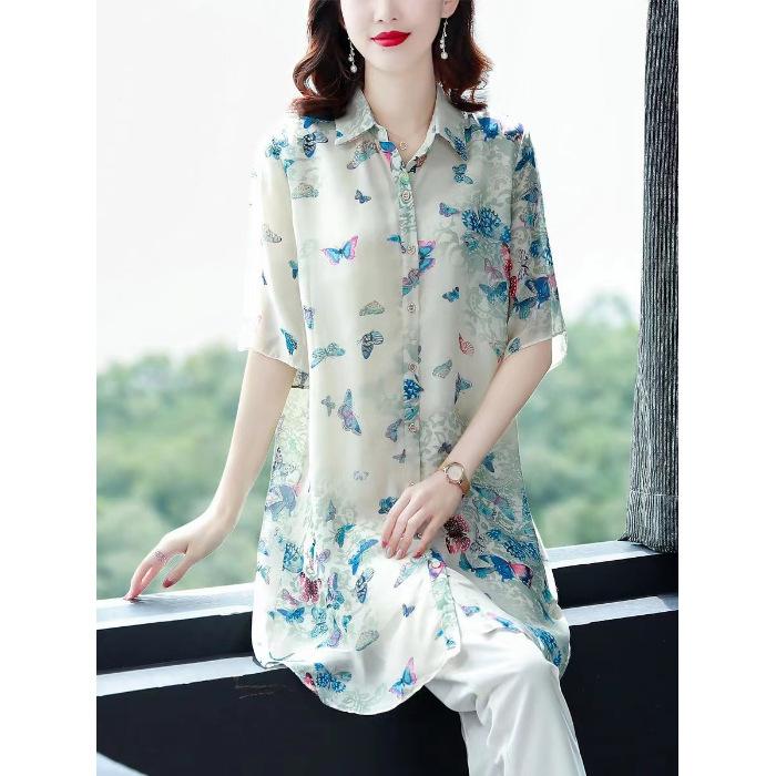 Women's Summer Mid-Length Chiffon Shirt Thin Breathable Causal Tops